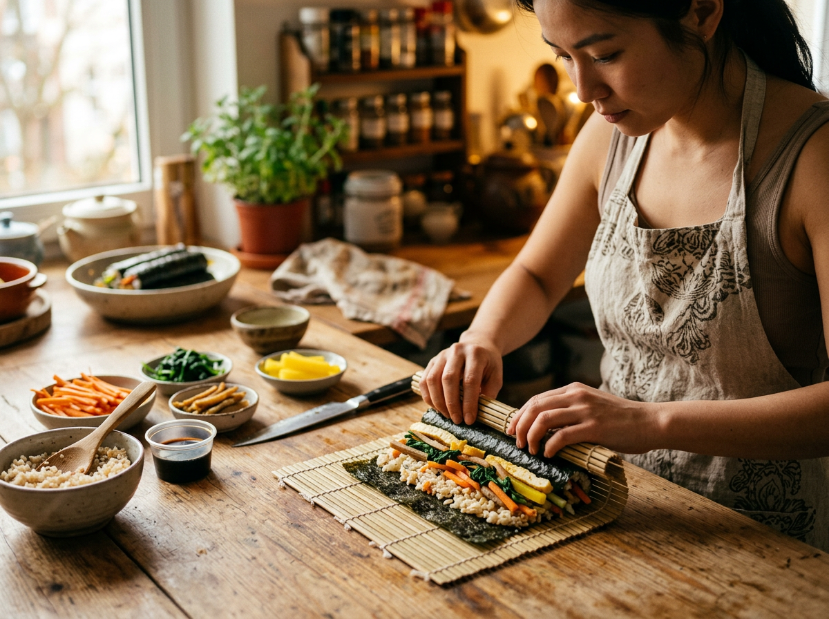 Woman rolling homemade vegetable sushi on bamboo mat with various ingredients on wooden table